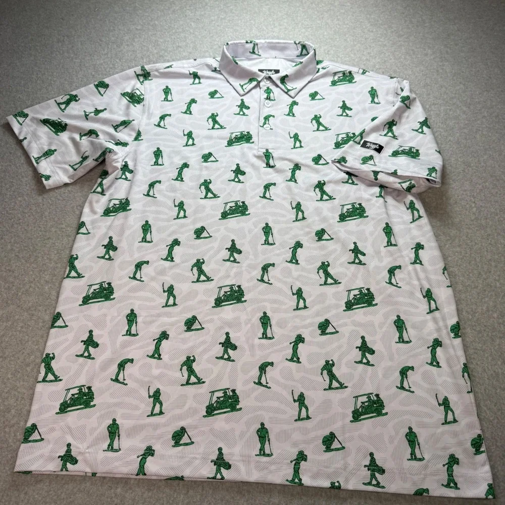Waggle Golf Polo Shirt Mens XL White Green Golfer Cart Print SS Stretch - Picture 2 of 6